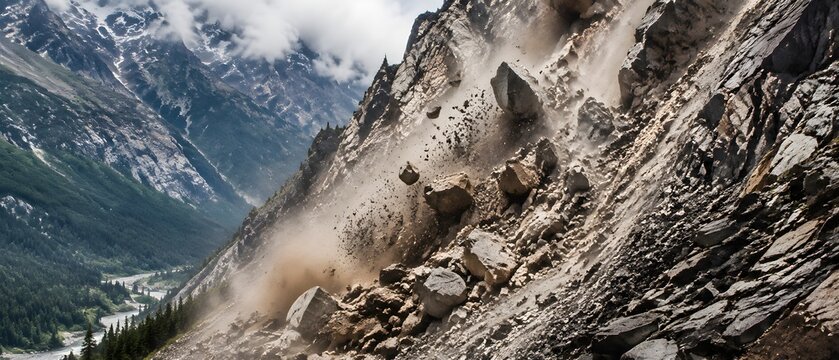 Rock Formation Collapsing During Landslide With Dust And Falling Debris Professional Stock Image for Marketing