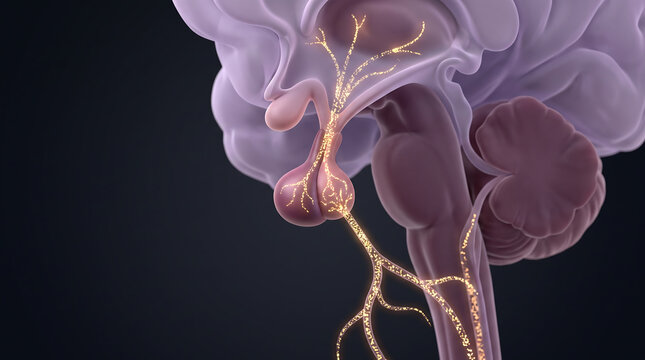 Pituitary gland anatomy illustration showing hypothalamus and neural pathway connections