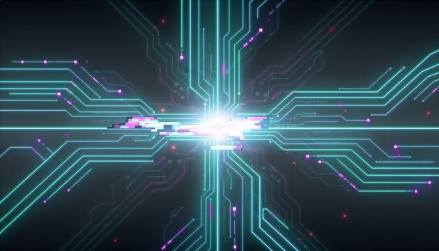 中央へ向かうシアンの電子回路と強い光を描いた近未来的な背景　Futuristic Background Depicting Cyan Electronic Circuits Heading Toward the Center and Strong Light