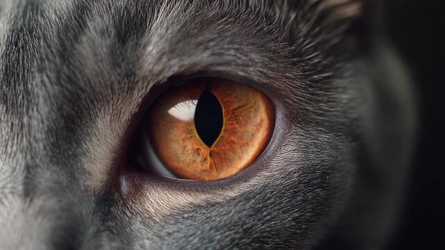 Extreme macro footage of a single realistic feline eye, warm copper-gold iris with intricate details for International Cat Day