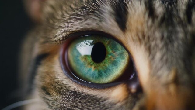 Extreme macro footage of a single realistic feline eye, vivid emerald-green iris with irregular details for International Cat Day
