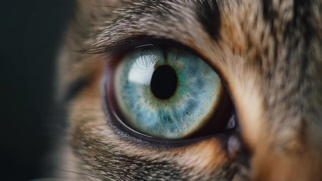 Extreme macro footage of a single realistic cat eye, distinctive feline anatomy with a narrow pupil for International Cat Day