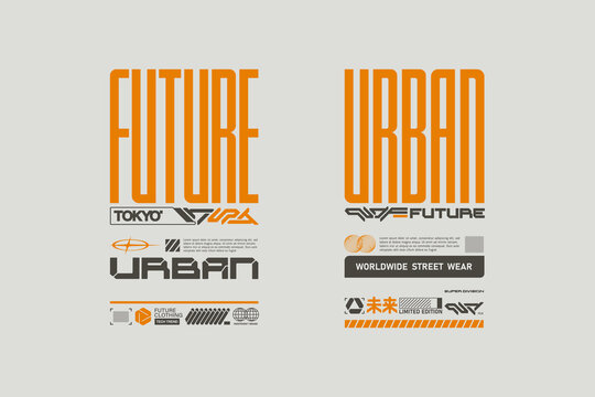 Future sci-fi typography vector set with urban streetwear lettering. Futuristic graphic designs for T-shirt prints, apparel branding, fashion graphics and clothing merchandise