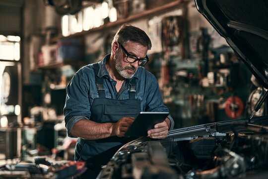 Auto mechanic diagnosing vehicle with digital tablet