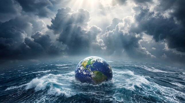 Earth Globe Floating in Stormy Ocean Waves Under Dramatic Sky