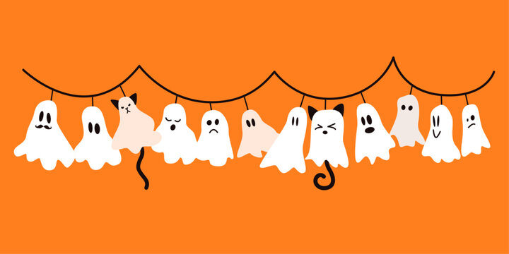 Halloween garland with whimsical ghost. Different emotions and face ghosts on orange background. Festive vector decoration