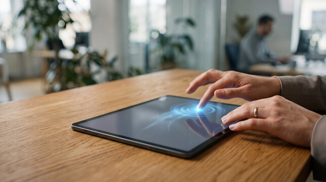 Person interacting with a futuristic tablet in a modern office