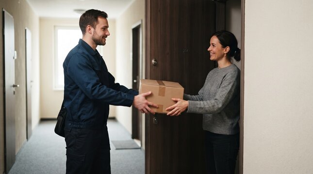 Courier Delivering Package to Customer at Home Entrance