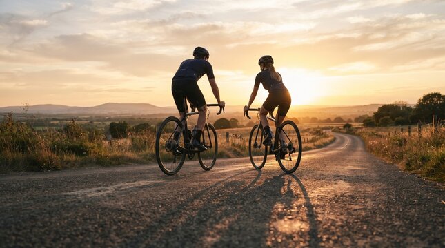 Two cyclists riding along rural dirt road at sunset