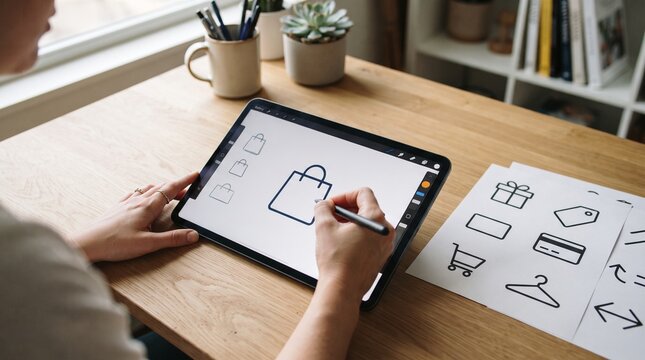 Designer Sketching Shopping Bag Concepts on Digital Tablet