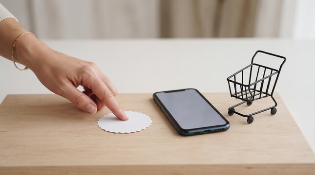 Person pressing blank discount badge on smartphone screen for online shopping