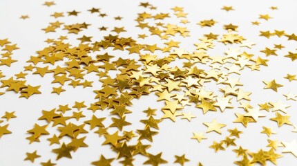 Naklejka premium Scattered golden star confetti on a clean white background for celebrations