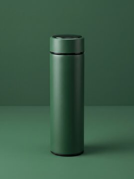 Green insulated vacuum flask on a green background