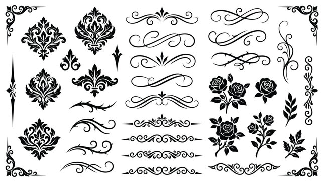 Decorative floral ornaments collection featuring intricate black vector flourishes, elegant damask swirls, vintage roses, and ornate filigree scroll design elements