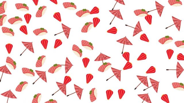 Japanese seamless pattern featuring sushi nigiri, red lanterns, and traditional wagasa umbrellas