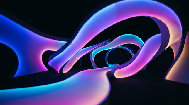 Abstract neon light installation in a dark room