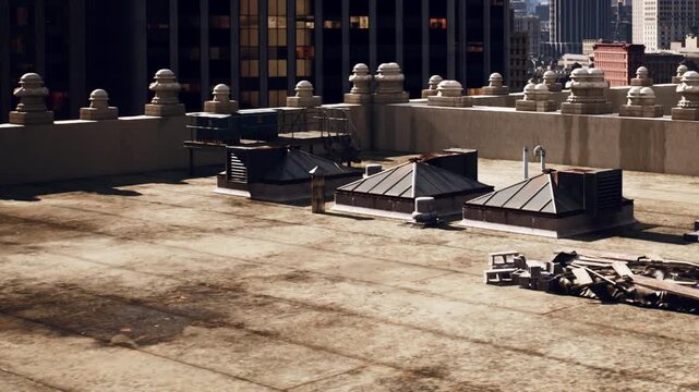 The scene shows a rooftop with various structures and equipment in an urban area. The sky is clear and the sun is shining down. The buildings around are tall and densely packed.
