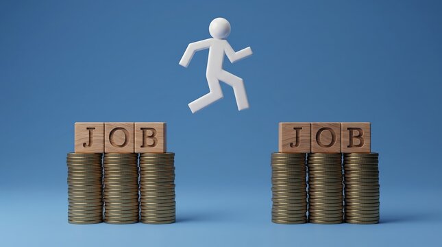 Job Hopping Concept with Figure Jumping Between Coin Stacks