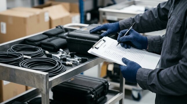 Technician cross-checking a tested equipment cart's contents against the outbound distribution manifest in a hospital biomedical workshop
