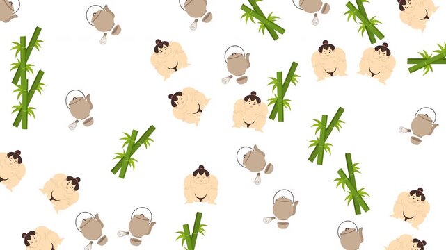 Japanese cultural pattern featuring sumo wrestlers bamboo and traditional tea sets