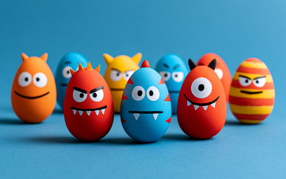 Colorful decorated eggs with monster faces featuring orange, red, blue, and yellow colors arranged in a row against a blue background