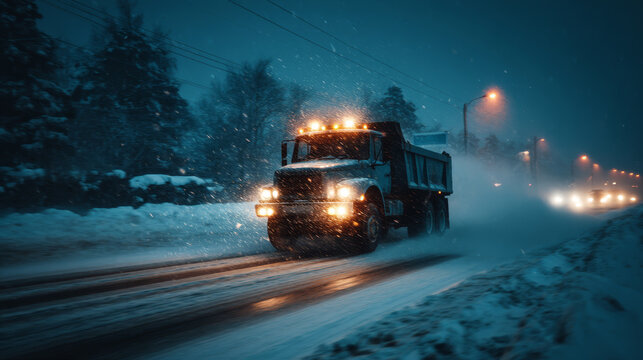 Heavy dump truck driving on a snowy road at night with bright headlights
