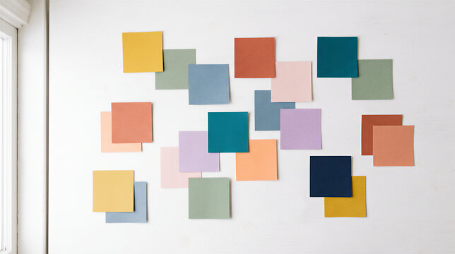 Colorful squares of paper arranged on a white wall.