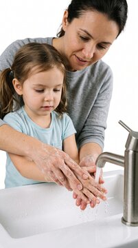 A mother teaches her daughter to wash her hands in a bathroom sink. She is gently guiding her daughter's hands under the running water