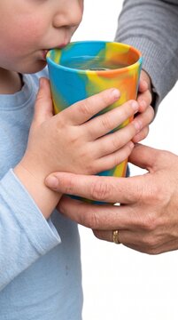 A child drinking water from a colorful cup held by an adult