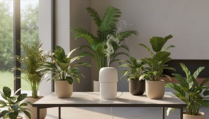 Fototapeta premium A minimalist white electronic diffuser emitting a swirl of aromatic steam on a table, surrounded by beautiful green potted houseplants in a bright, modern room with natural daylight from windows
