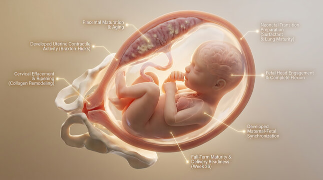 Transparent Full-Term Maturity and Complete Delivery Readiness Within Amniotic Sac with Fetal Engagement at Week Thirty-Six Ready for Birth