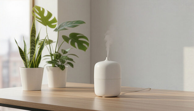 A minimalist white ceramic aroma diffuser emitting a swirl of dynamic steam on a wooden table, with potted monstera and snake plants against a modern hexagonal textured wall in a bright room
