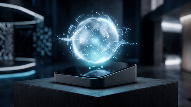 Futuristic holographic sphere of data hovers over a sleek device