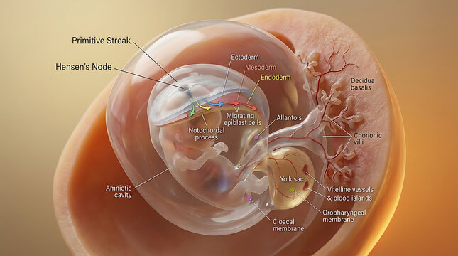 Transparent Gastrulation and Three Germ Layer Formation Within Amniotic Cavity with Primitive Streak and Hensen Node at Week Three