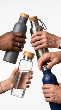 A toast to hydration with diverse hands holding various reusable water bottles, symbolizing health and sustainability