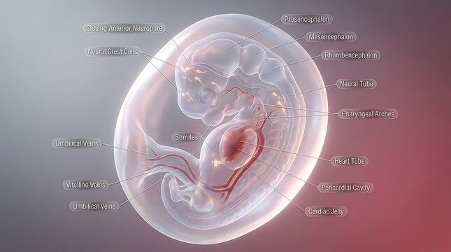 Transparent Neural Tube Closure and Primitive Heart Tube Formation Within Amniotic Sac with Brain Vesicles at Week Four