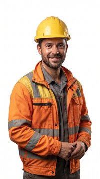 A smiling construction worker wearing a yellow hard hat and an orange high-visibility jacket stands confidently. He is a middle-aged man with a beard and a friendly expression.