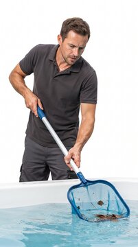 A man wearing a gray polo shirt and gray shorts is cleaning a swimming pool with a net, collecting debris from the water. He is focused on the task with a net in his hand.
