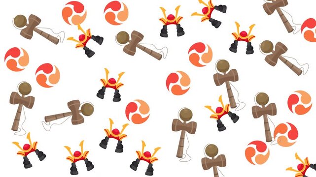 Seamless Japanese pattern featuring kendama toys, samurai kabuto helmets and traditional tomoe icons