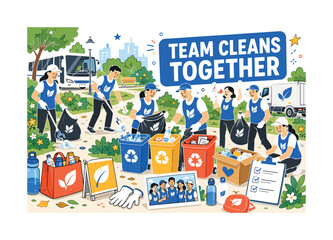 Naklejka premium Corporate Volunteer Cleanup. A clean editorial banner showing a company team cleaning a community park, with an oversized group banner and recycling bins as the main objects, plus branded vests,