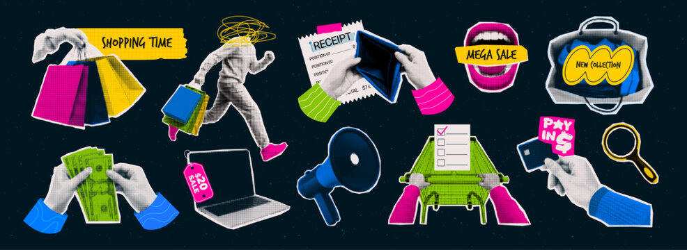 Colorful shopping and sale halftone collage set with hands, shopping bags, receipt, money, laptop, megaphone, cart, payment card and promotional labels.