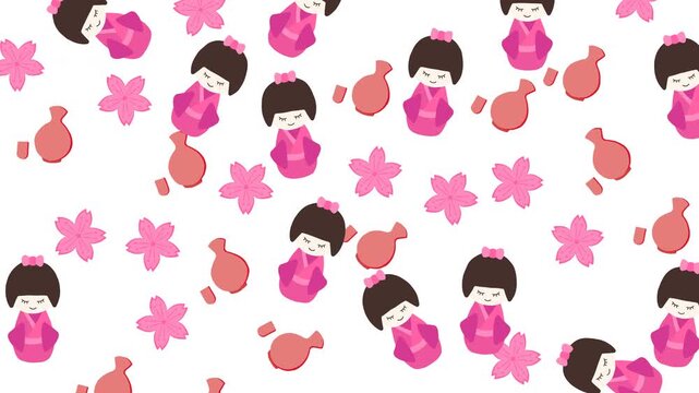 Seamless Japanese Pattern Featuring Cute Kokeshi Dolls Sakura Blossoms and Sake Bottles