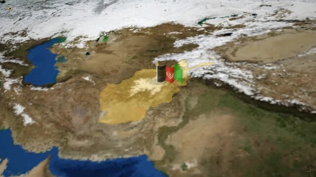 3D animated map of afghanistan with kabul capital city marker and national flag geographic motion for news and documentary