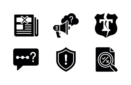 Fake News Detection, solid glyph icon set featuring false newspaper, megaphone, broken truth badge, conspiracy chat, warning shield and fact-check magnifier, covering misinformation, propaganda,