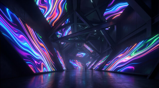 Futuristic tunnel with vibrant neon light displays and two small figures