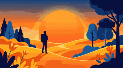 Fototapeta premium Silhouette of a lone traveler gazing at a giant sun setting over rolling hills