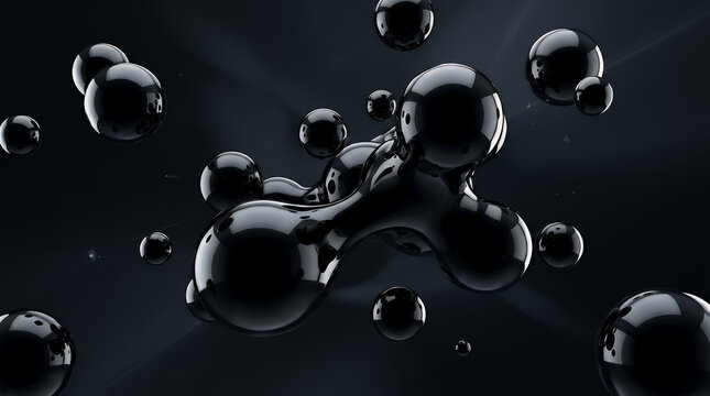 Spheres of glossy black liquid float in zero gravity against a dark gradient background with abstract shapes forming a molecular structure and reflecting soft light sources.