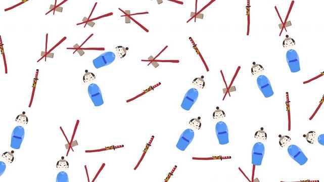 Seamless Japanese pattern with cute samurai characters, katanas, and chopsticks on white background