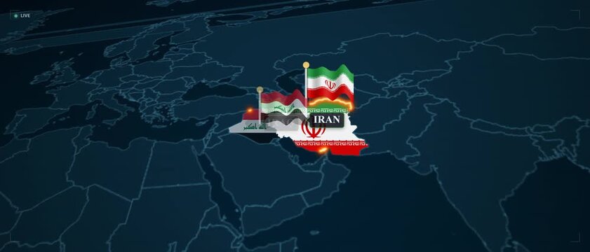 Animated map of iran and iraq with national flags: geopolitical news and international relations concept