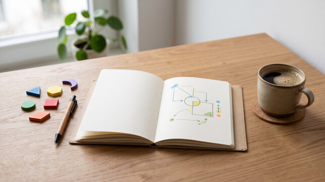 A notebook with a diagram, colorful shapes, and coffee on a wooden table.
